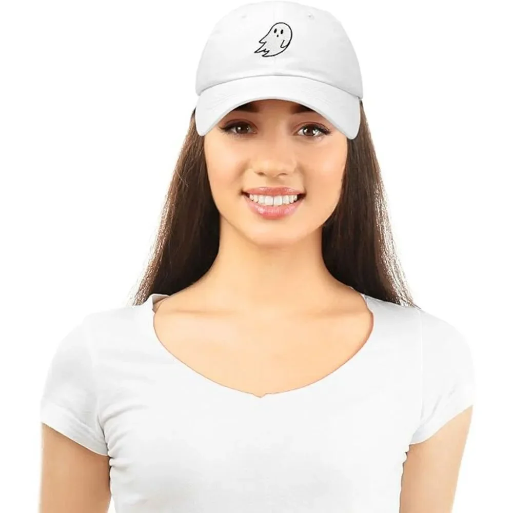 Unisex White 100%Cotton Ghost Embroidered Adjustable Buckle Classic Baseball Cap